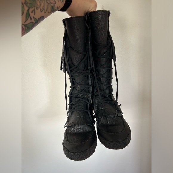 Made In Canada Black Leather Fringed Mukluks Fleece Lined Boots Lace-up 10 M - Picture 10 of 13